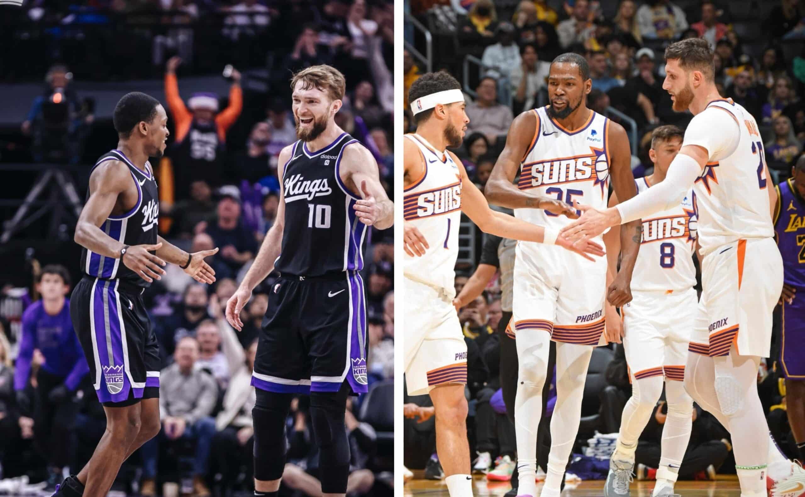 JUGADORES DE KINGS CELEBRAN A LA IZQUIERDA, Y JUGADORES DE SUNS CELEBRAN A LA DERECHA