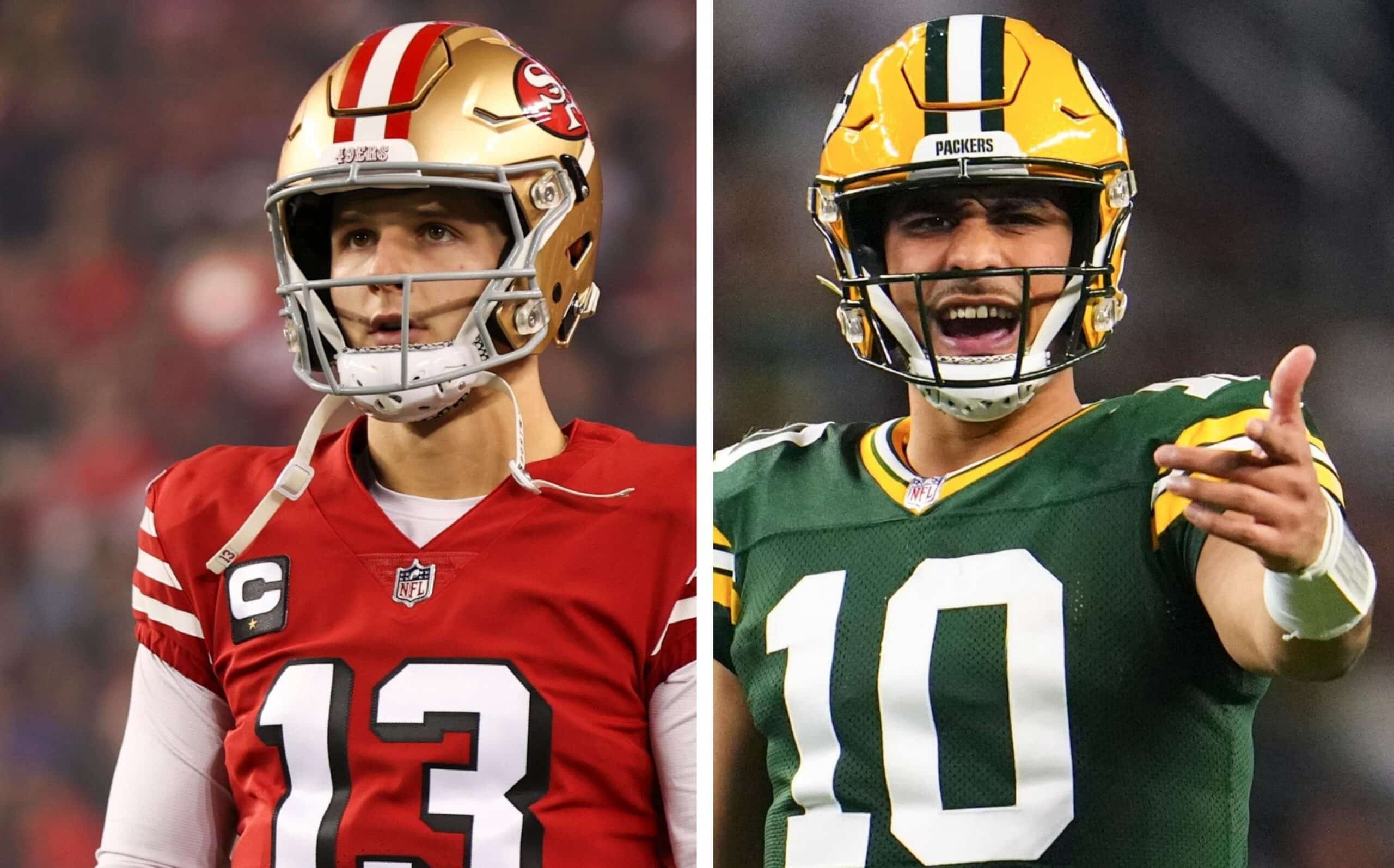 BROCK PURDY DE LOS 49ERS A LA IZQUIERDA Y JORDAN LOVE DE LOS PACKERS A LA DERECHA