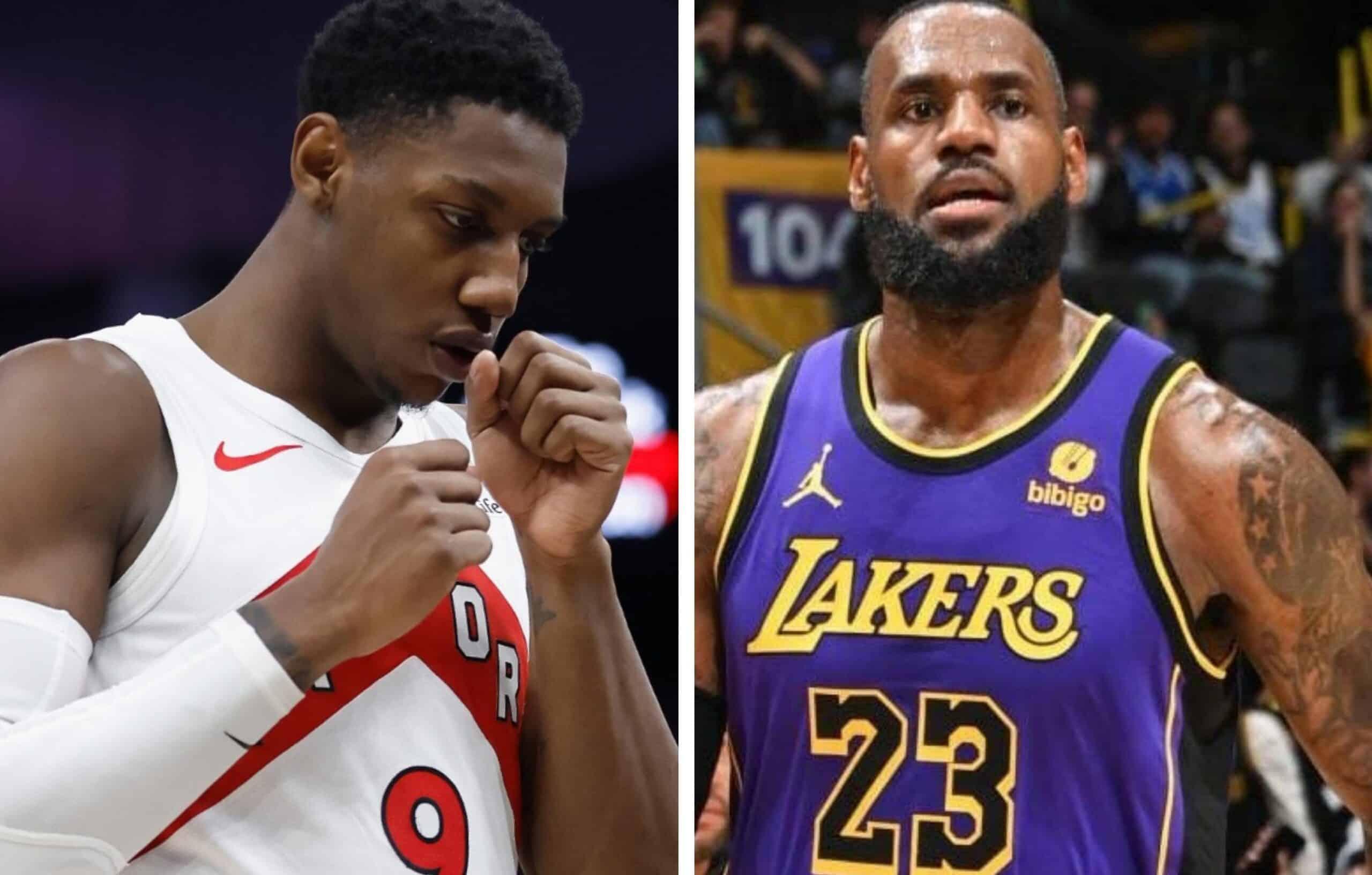 RJ BARRETT DE LOS RAPTORS A LA IZQUIERDA Y LEBRON JAMES DE LOS LAKERS A LA DERECHA