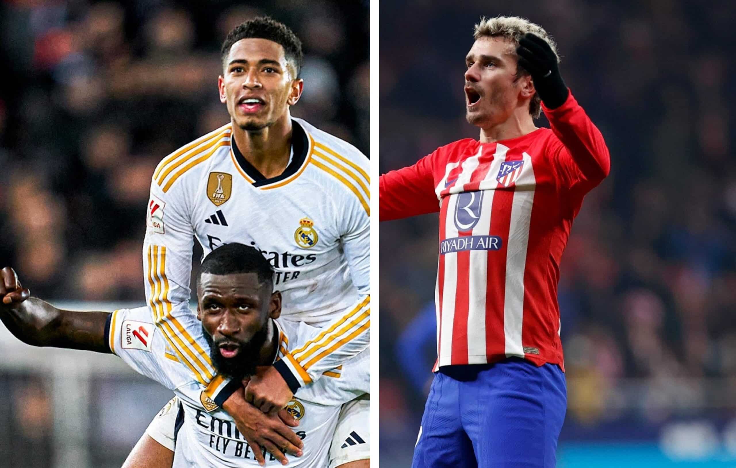 JUDE BELLINGHAM DEL REAL MADRID FESTEJA A LA IZQUIERDA, Y ANTOINE GRIEZMANN DEL ATLÉTICO CELEBRA A LA DERECHA