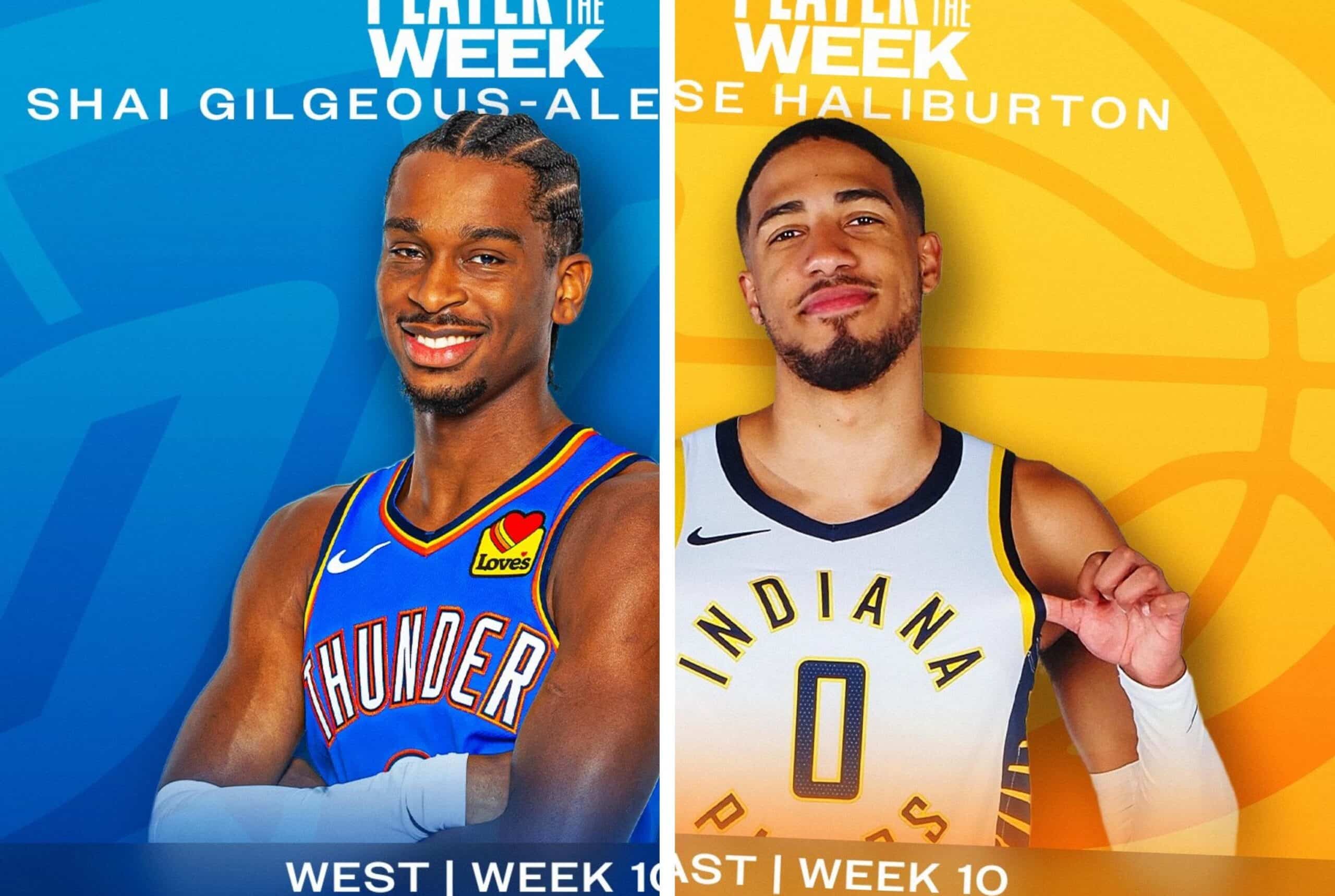 SHIA GILGEOUS-ALEXANDER DEL THUNDER A LA IZQUIERDA, Y TYRESE HALIBURTON DE PACERS A LA DERECHA