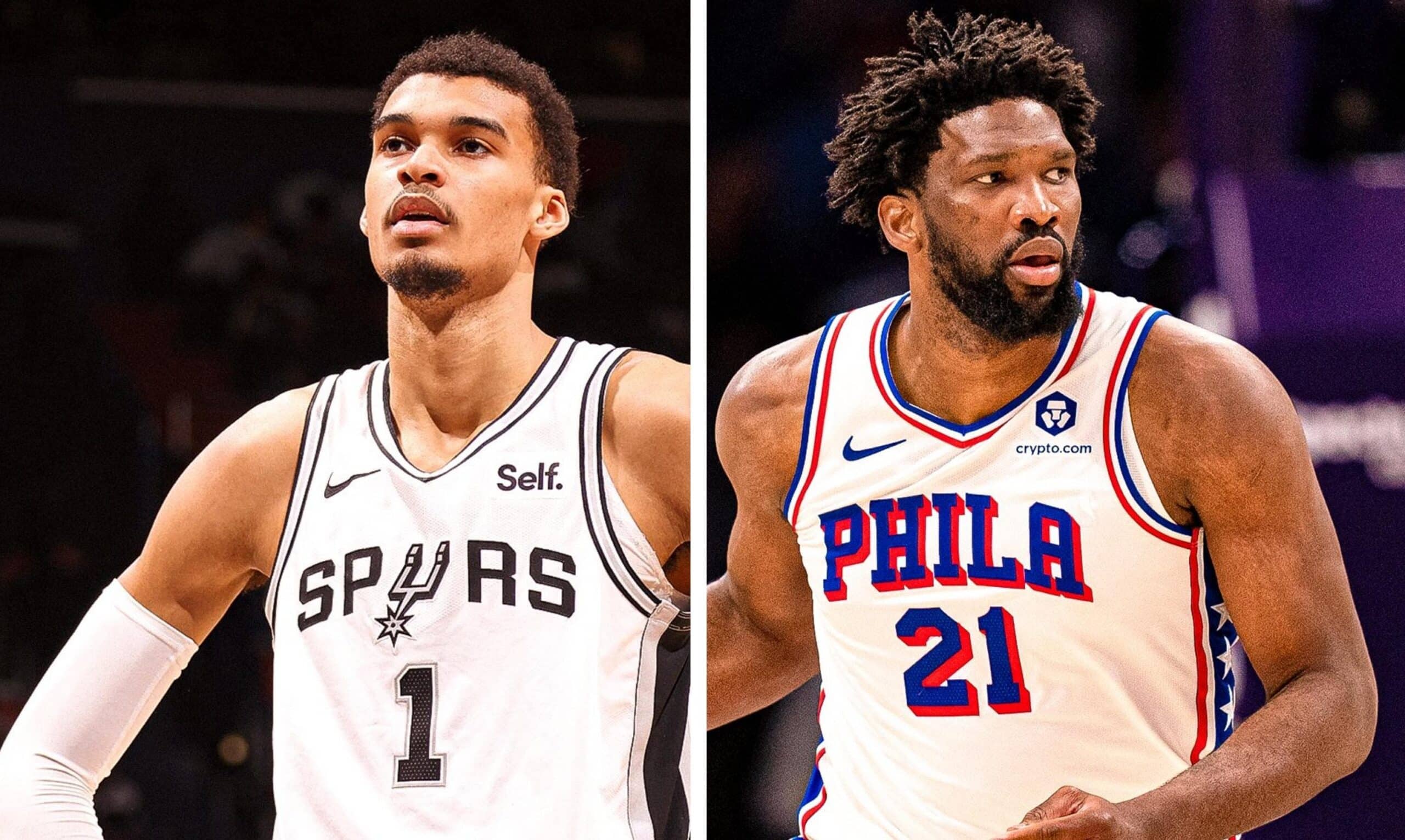 VÍCTOR WEMBANYAMA DE LOS SPURS A LA IZQUIERDA Y JOEL EMBIID DE SIXERS A LA DERECHA