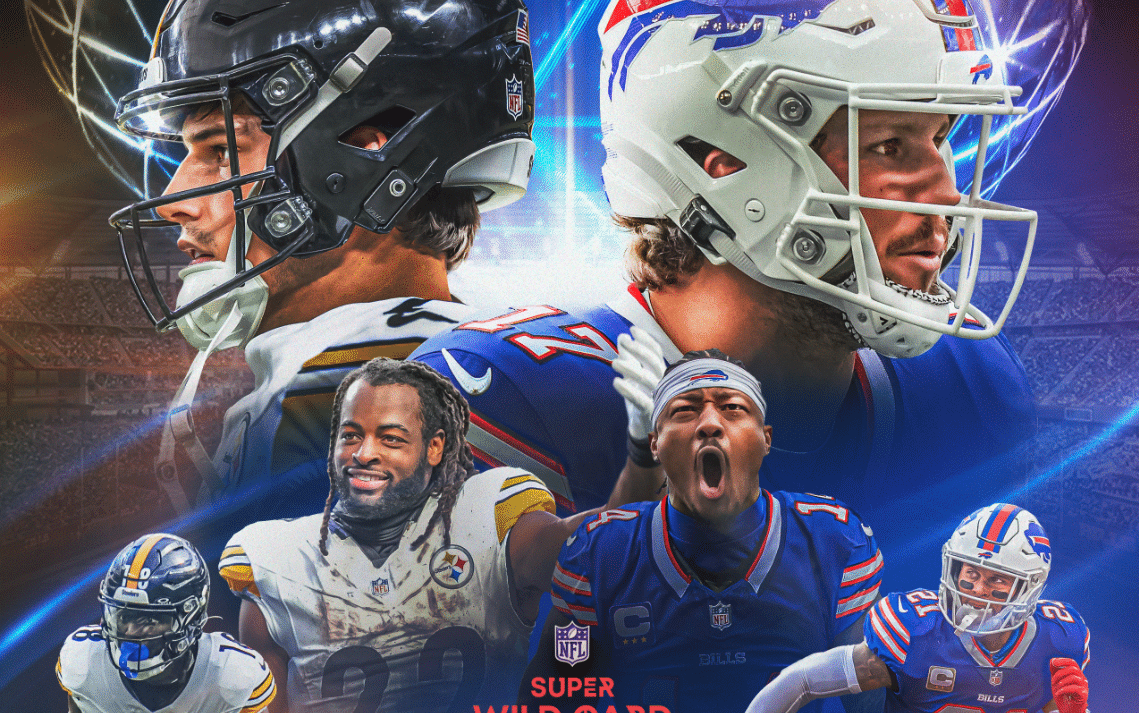 PÓSTER DE LA NFL DEL JUEGO DE COMODINES ENTRE STEELERS Y BILLS