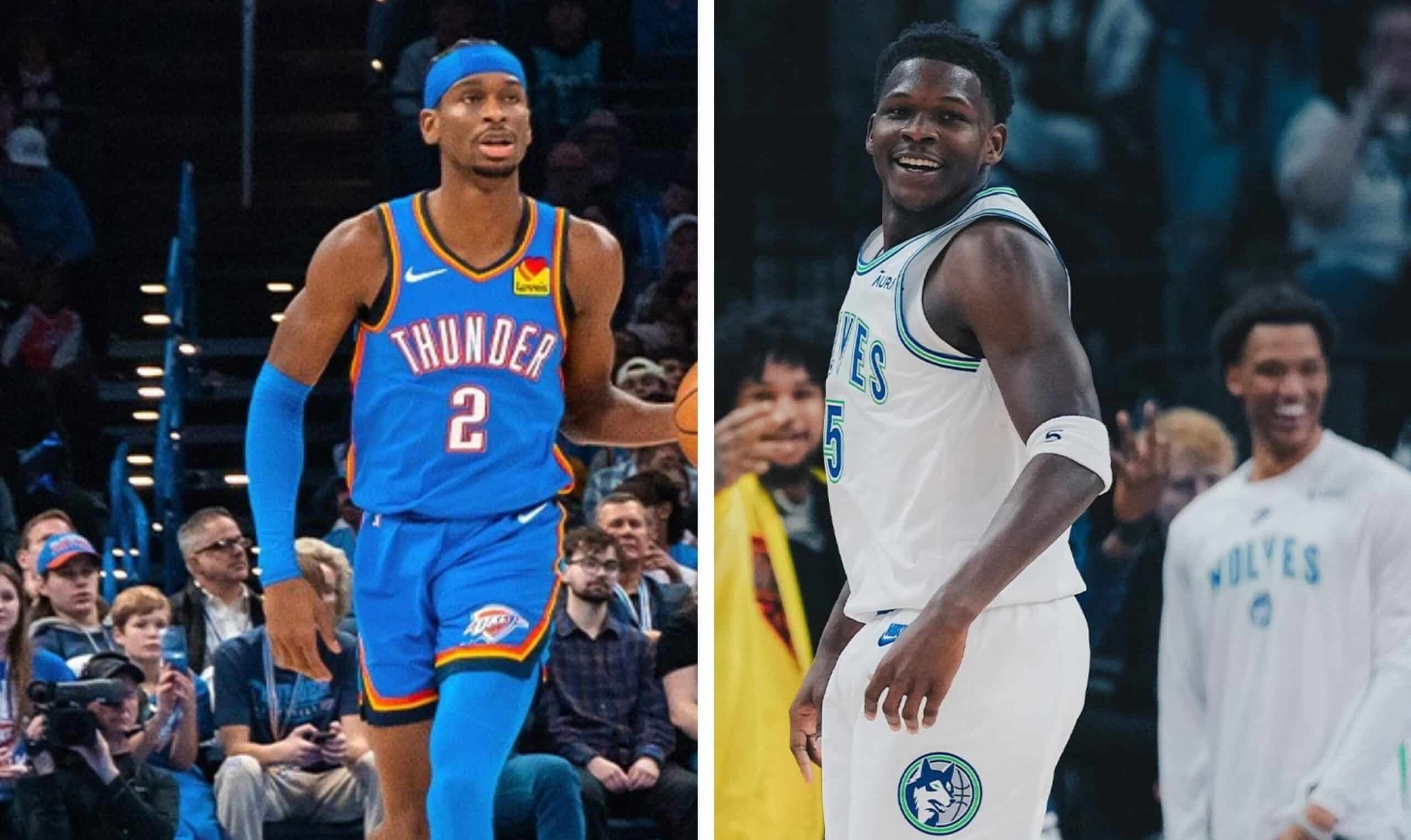 SHAI GILGEOUS-ALEXANDER DEL THUNDER A LA IZQUIERDA, Y ANTHONY EDWARDS DE TIMBERWOLVES A LA DERECHA