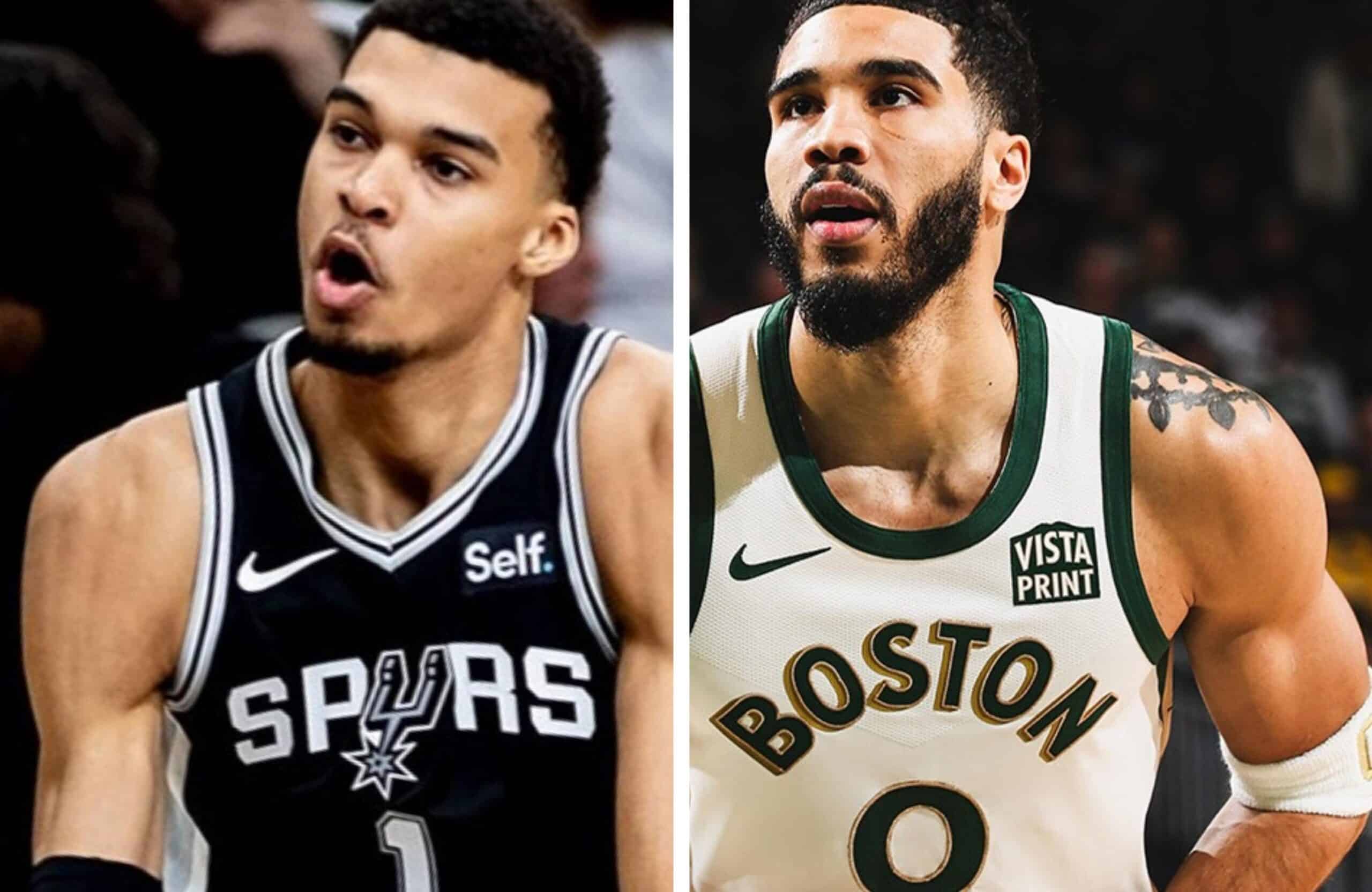 VÍCTOR WEMBANYAMA DE SPURS A LA IZQUIERDA Y JAYSON TATUM DE CELTICS A LA DERECHA