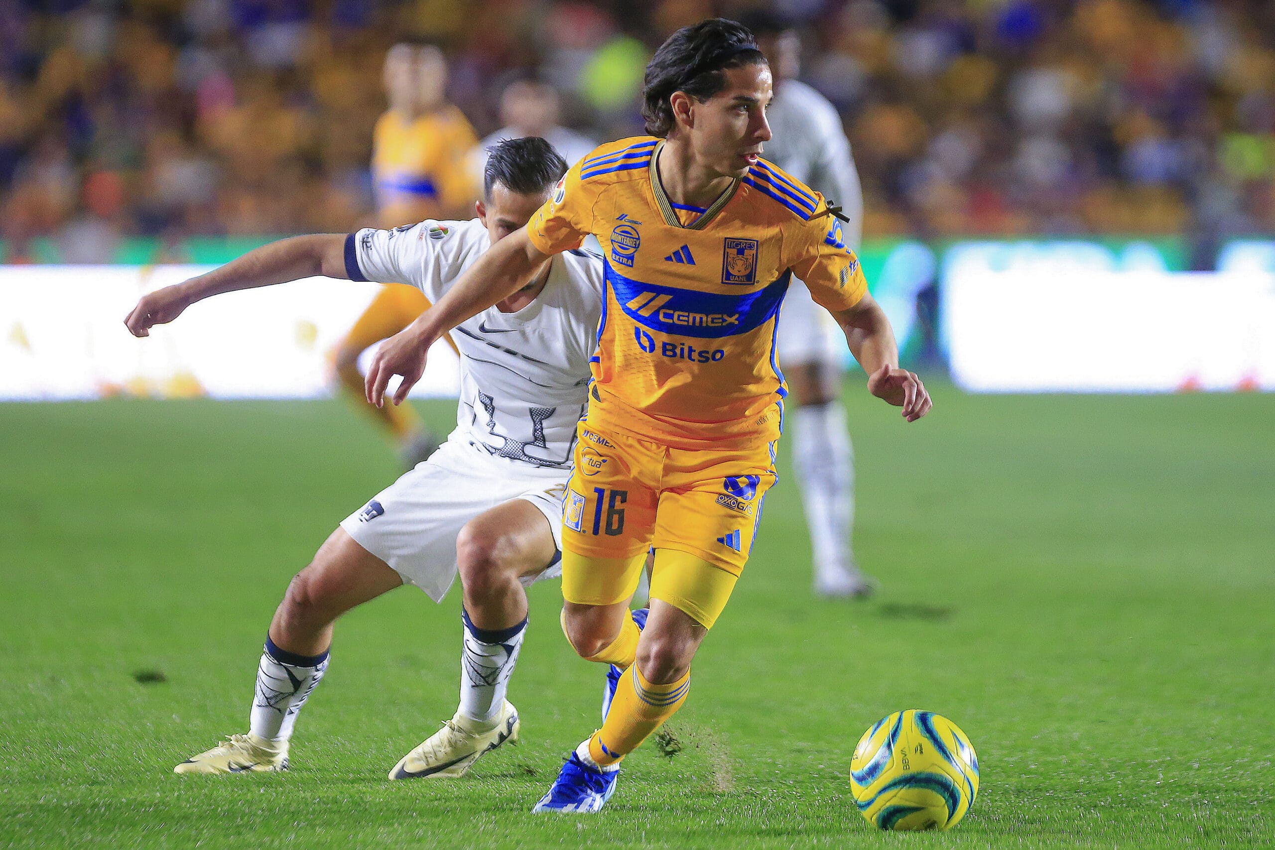 Pablo Bennevendo del Pumas y Diego Lainez del Tigres durante el juego de la jornada 5 del Torneo Clausura 2024.