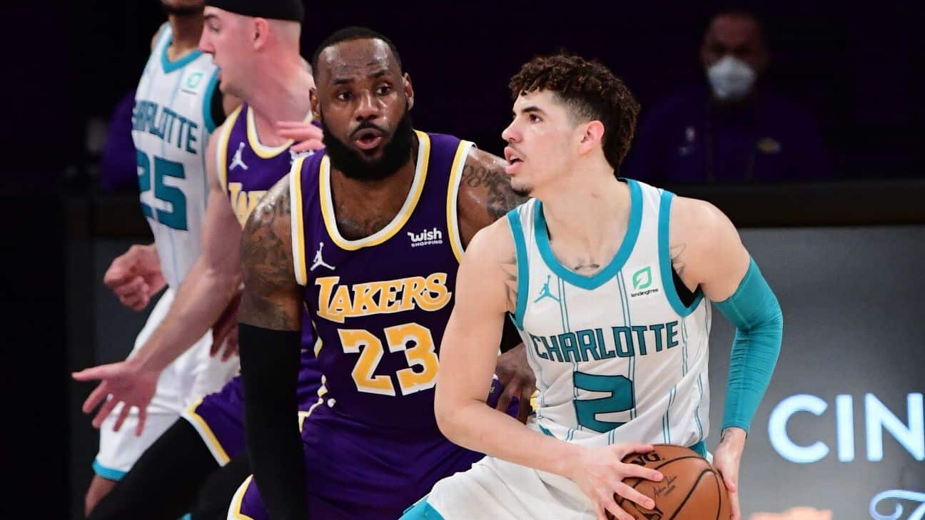 LEBRON JAMES DE LAKERS DEFENDIENDO A LAMELO BALL DE HORNETS