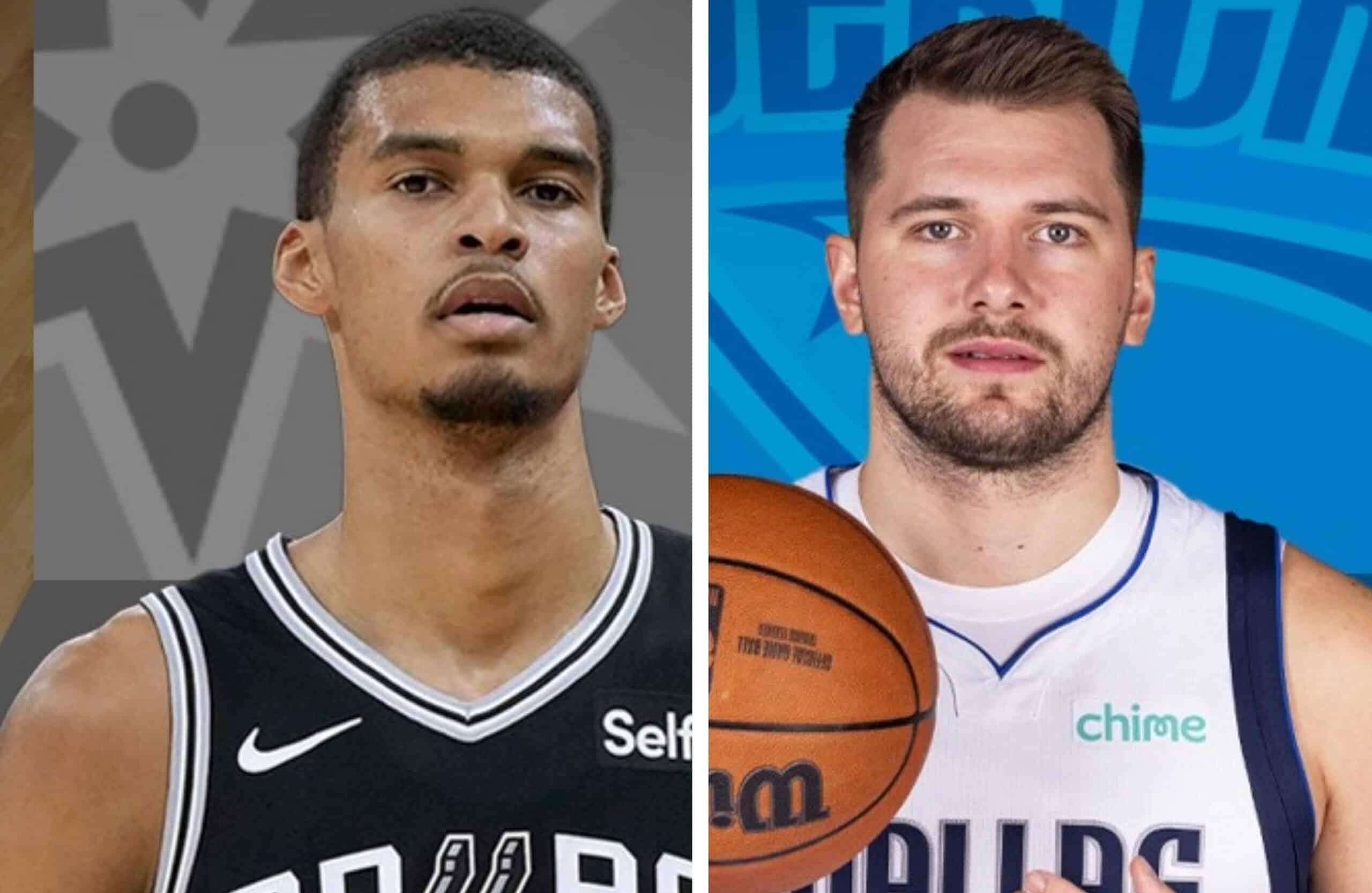 VÍCTOR WEMBANYAMA DE LOS SPURS A LA IZQUIERDA Y LUKA DONCIC A LA DERECHA DE LOS MAVERICKS