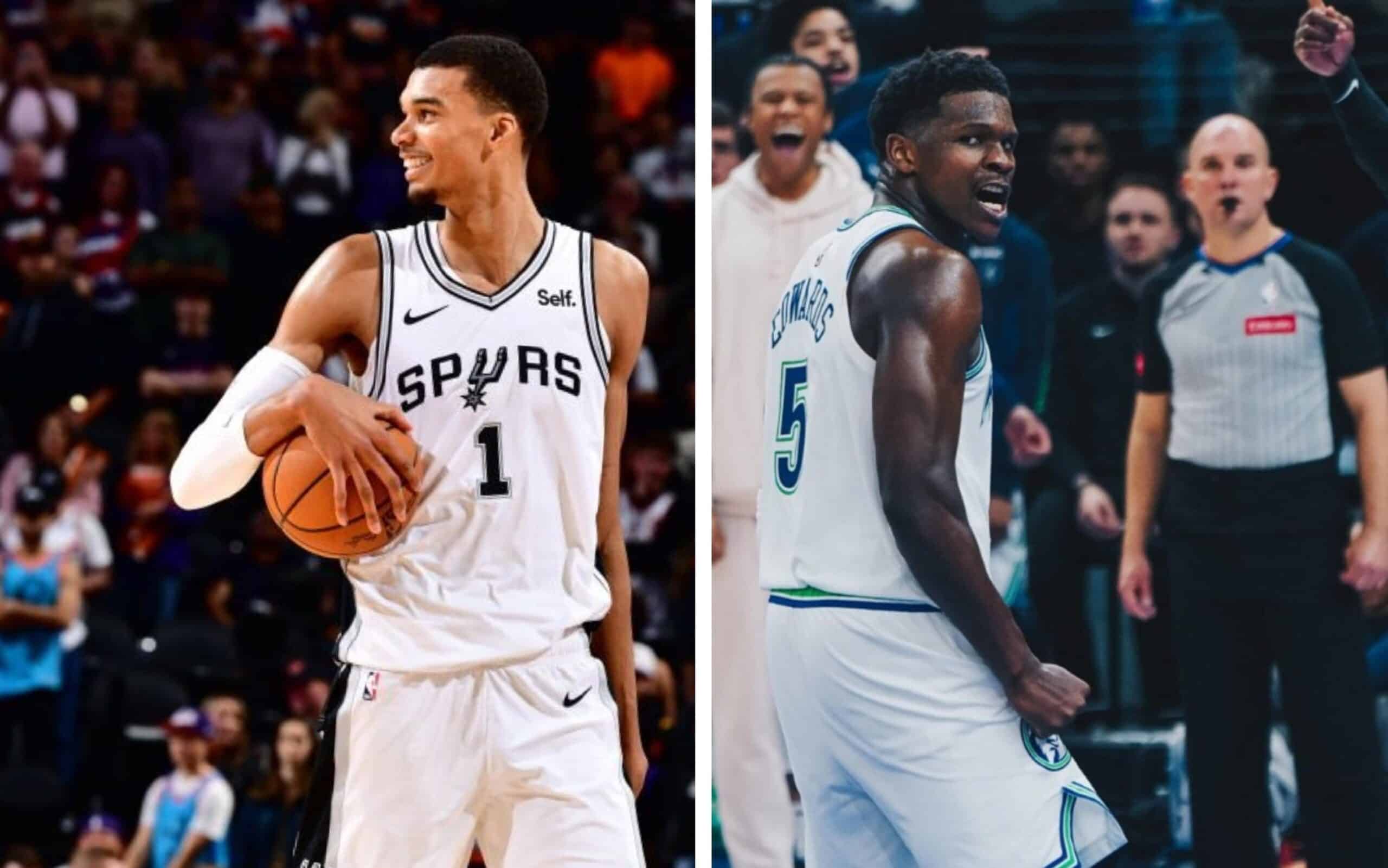VÍCTOR WEMBANYAMA A LA IZQUIERDA DE LOS SPURS Y ANTHONY EDWARDS A LA DERECHA DE LOS TIMBERWOLVES