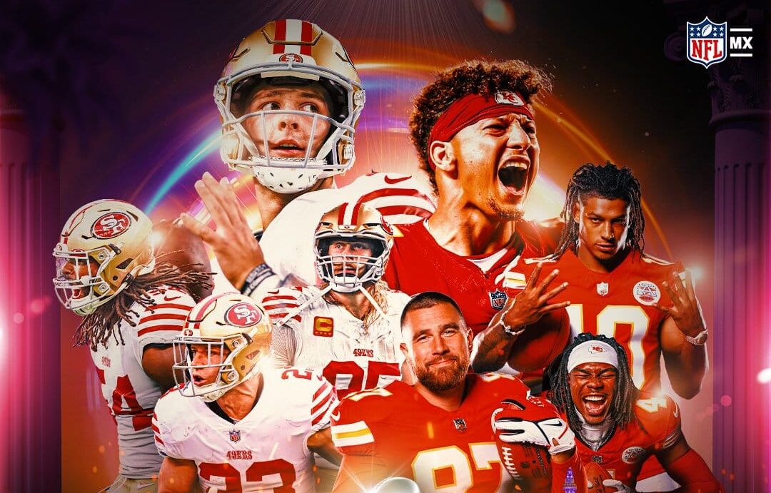 PÓSTER DE LA NFL DEL SUPER BOWL LVIII CON LOS JUGADORES DE SAN FRANCISCO Y KANSAS CITY EN ÉL