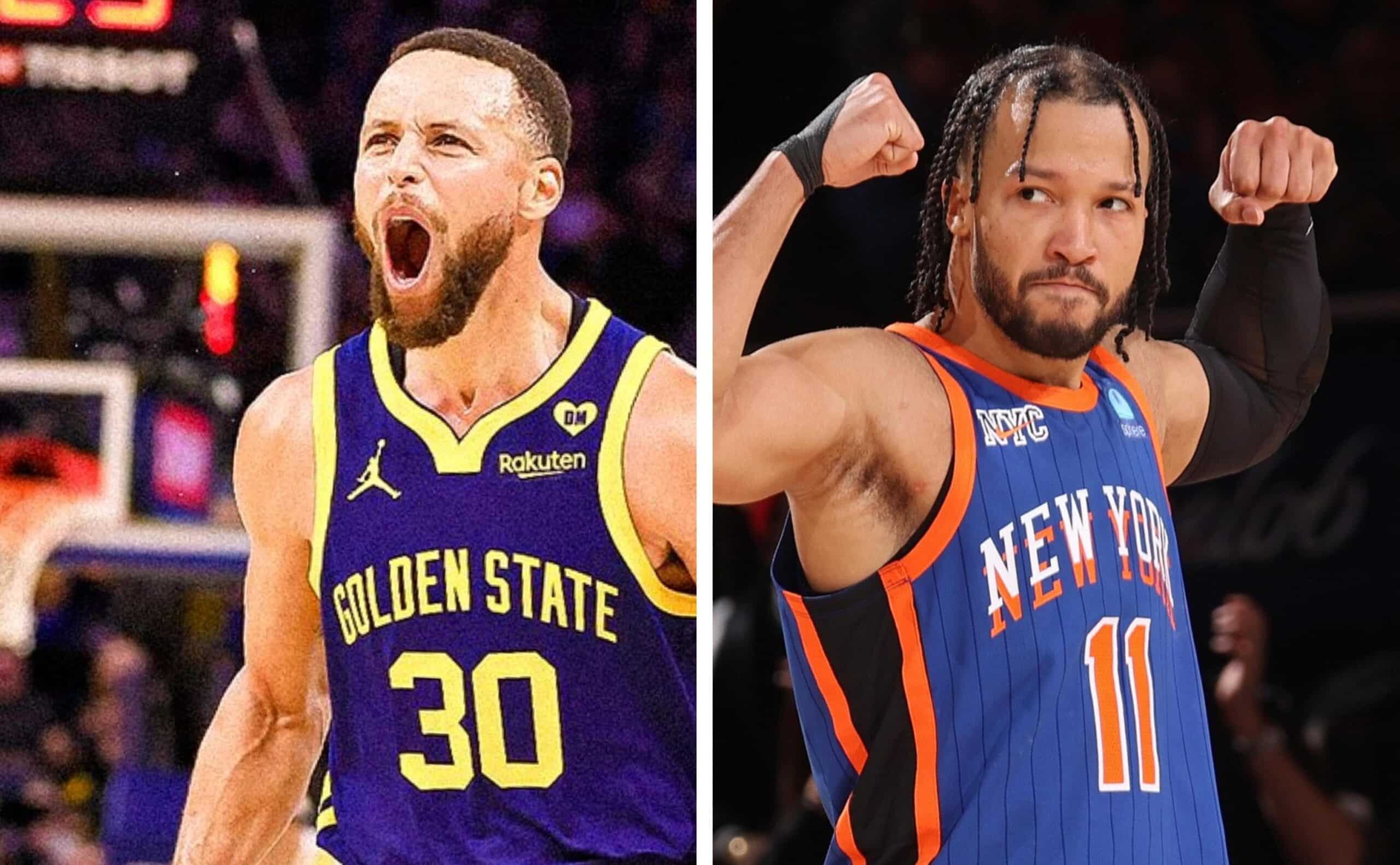 STEPHEN CURRY DE WARRIORS A LA IZQUIERDA Y JALEN BRUNSON A LA DERECHA DE LOS KNICKS