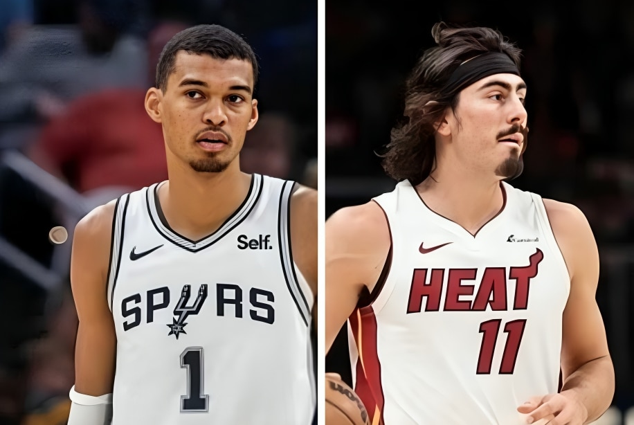VÍCTOR WEMBANYAMA DE SPURS A LA IZQUIERDA Y JAIME JÁQUEZ JR DEL HEAT A LA DERECHA