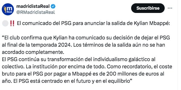 Comunicado del PSG sobre Mbappé.