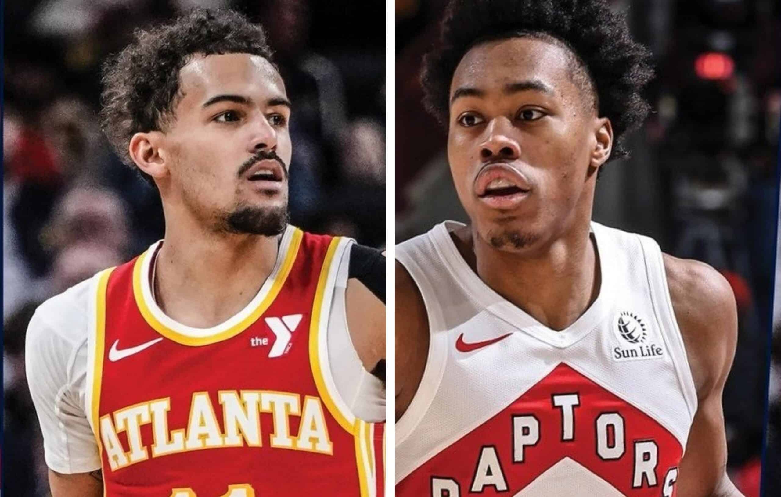 TRAE YOUNG A LA IZQUIERDA DE LOS HAWKS Y SCOTTIE BARNES DE LOS RAPTORS A LA DERECHA