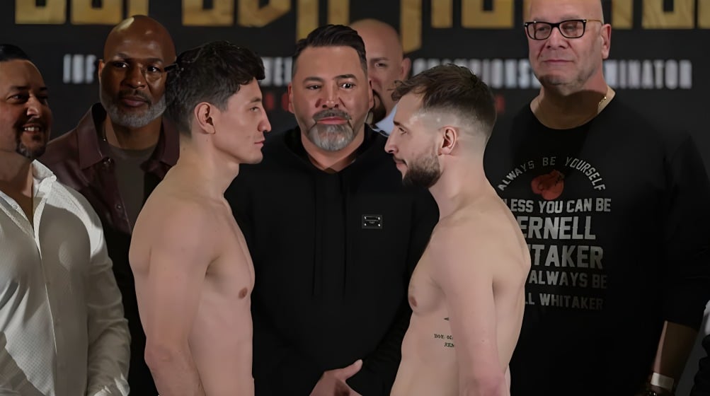 WILLIAM 'CAMARÓN' ZEPEDA A LA IZQUIERDA, Y MAXI HUGHES A LA DERECHA, CARA A CARA TRAS EL PESAJE