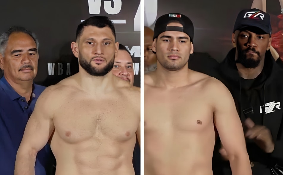ARSEN GOULAMIRIAN A LA IZQUIERDA Y ZURDO RAMÍREZ A LA DERECHA POSAN PARA LA FOTO TRAS EL PESAJE