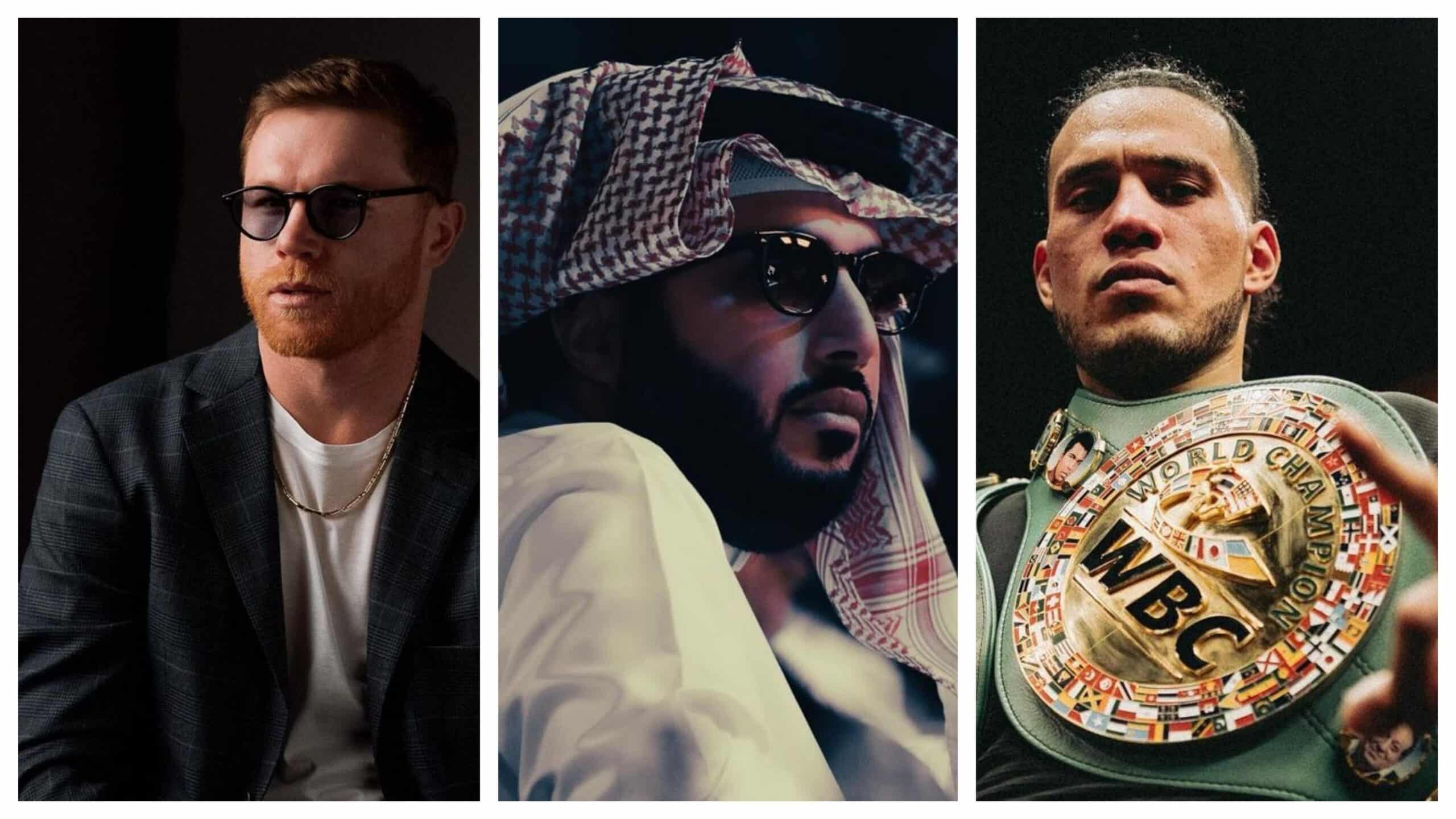 DE IZQUIERDA A DERECHA, CANELO ÁLVAREZ, Turki Alalshikh Y DAVID BENAVÍDEZ