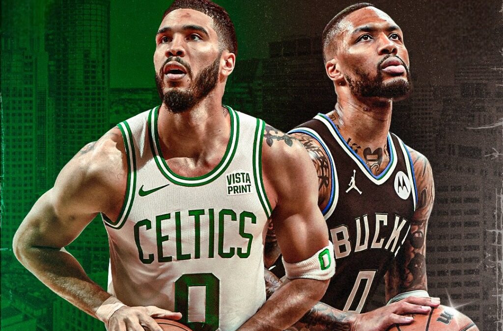 JAYSON TATUM DE LOS CELTICS A LA IZQUIERDA, Y DAMIAN LILLARD A LA DERECHA DE LOS BUCKS