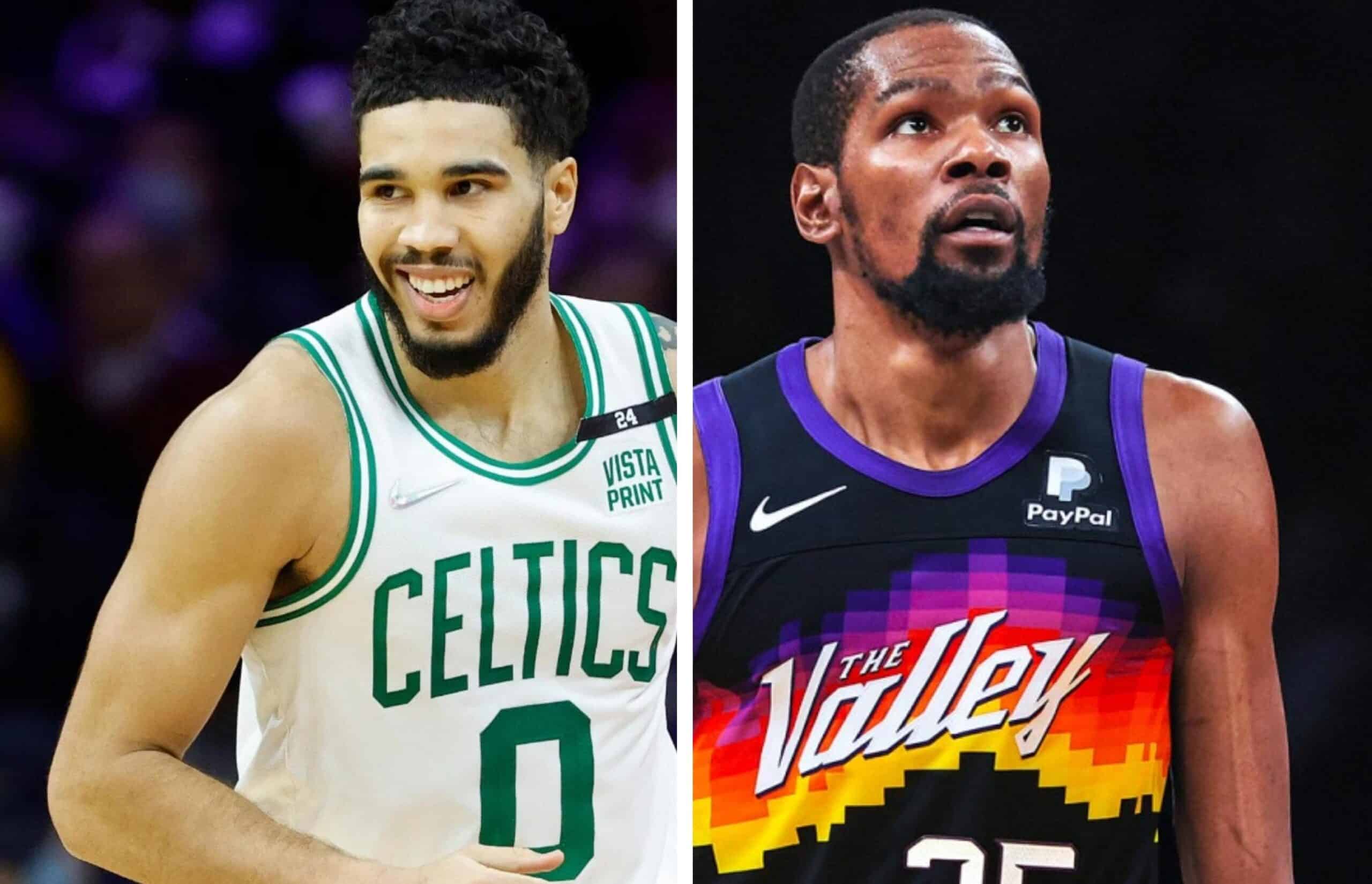 JAYSON TATUM DE CELTICS A LA IZQUIERDA Y KEVIN DURANT DE SUNS A LA DERECHA