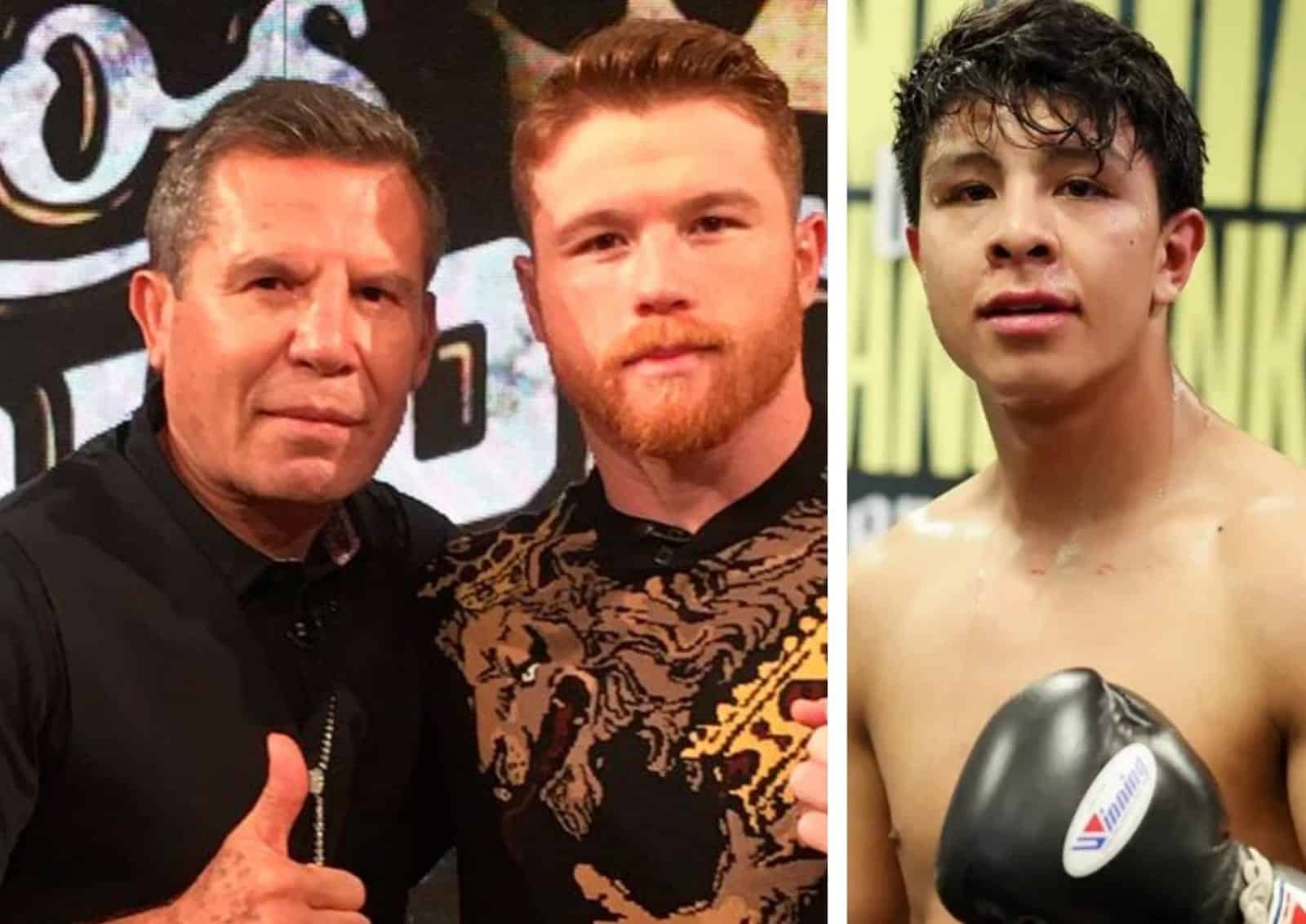 JULIO CÉSAR CHÁVEZ A LA IZQUIERDA, CANELO ÁLVAREZ EN EL CENTRO, Y JAIME MUNGUÍA A LA DERECHA