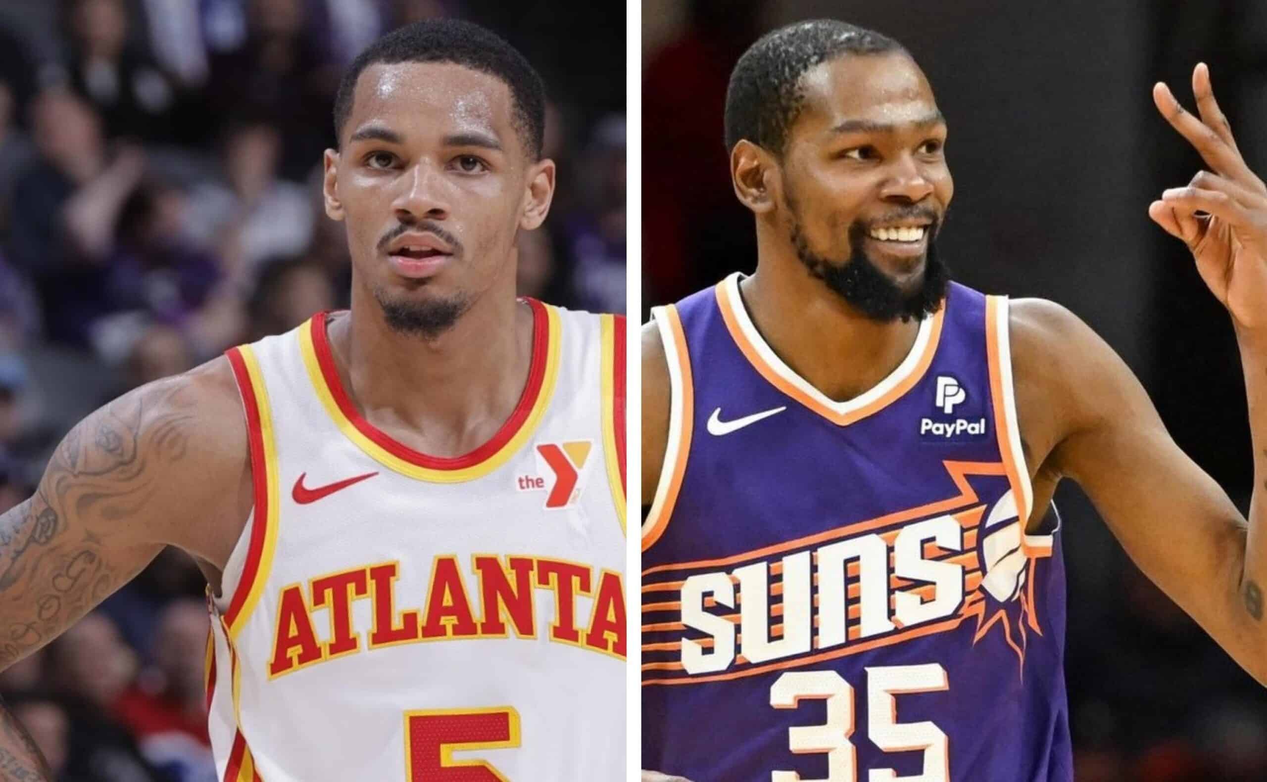 DEJOUNTE MURRAY DE LOS HAWKS A LA IZQUIERDA, Y KEVIN DURANT DE LOS SUNS A LA DERECHA