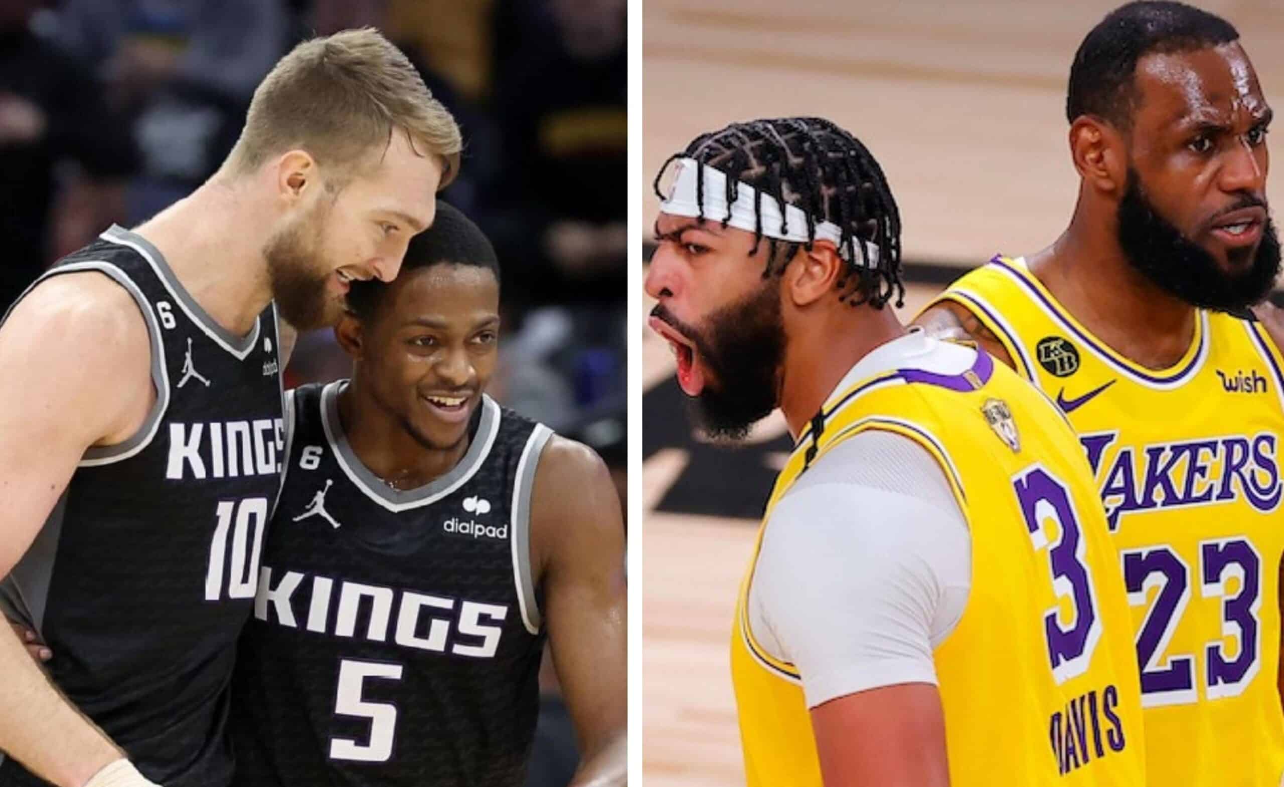 DOMANTAS SABONIS Y DE'AARON FOX A LA IZQUIERDA DE KINGS, Y LEBRON JAMES Y ANTHONY DAVIS DE LAKERS A LA DERECHA