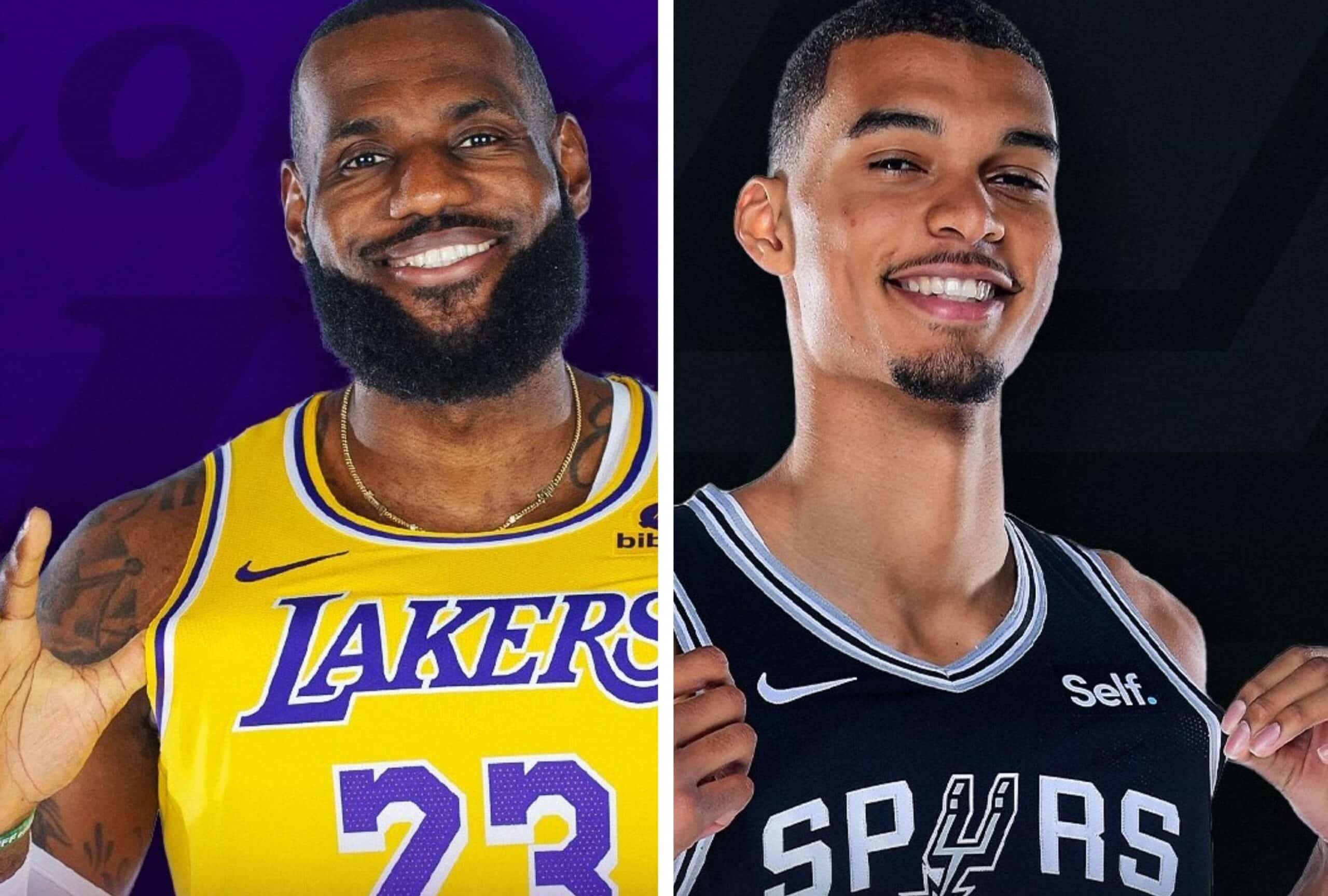 LEBRON JAMES A LA IZQUIERDA DE LOS LAKERS, Y VÍCTOR WEMBANYAMA A LA DERECHA DE LOS SPURS