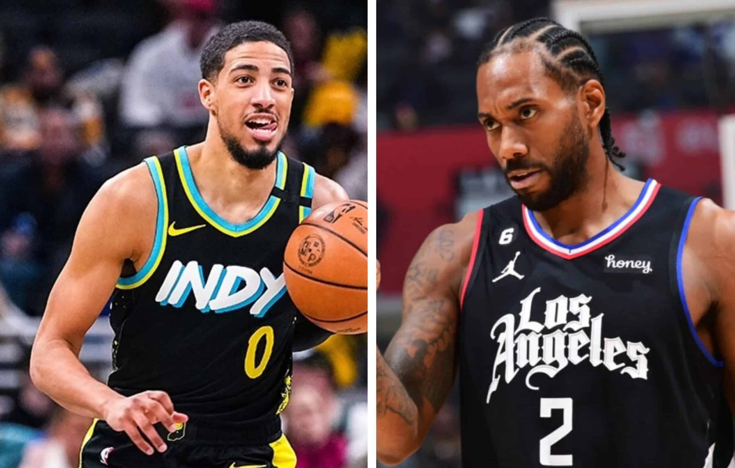 TYRESE HALIBURTON DE LOS PACERS A LA IZQUIERDA Y KAWHI LEONARD DE LOS CLIPPERS A LA DERECHA