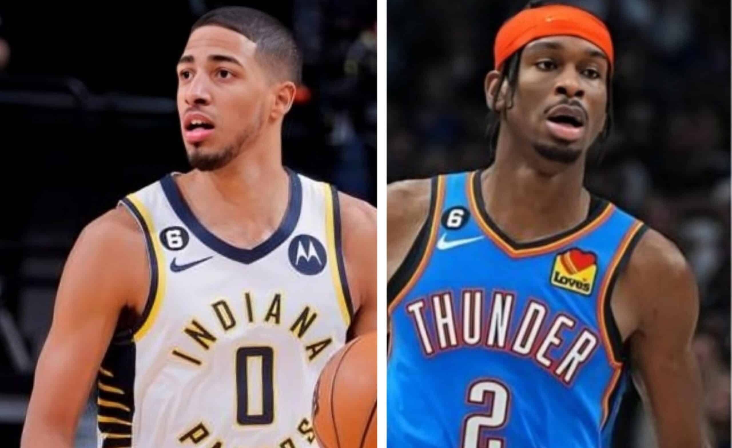 TYRESE HALIBURTON DE LOS PACERS A LA IZQUIERDA Y SHAI GILGEOUS-ALEXANDER A LA DERECHA DEL THUNDER