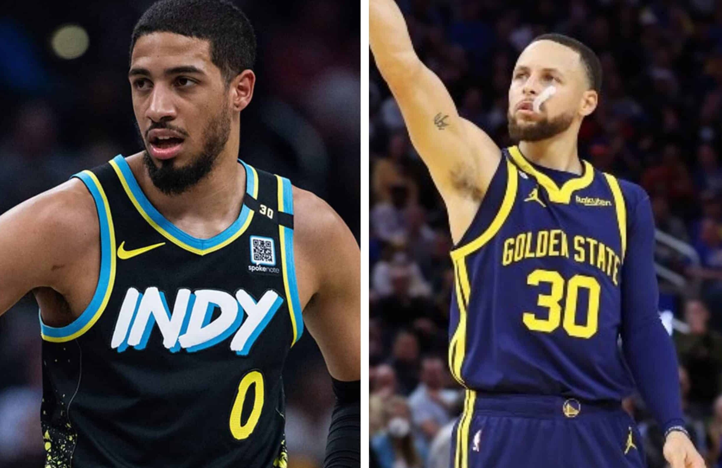 TYRESE HALIBURTON DE LOS PACERS A LA IZQUIERDA Y STEPHEN CURRY DE LOS WARRIORS A LA DERECHA