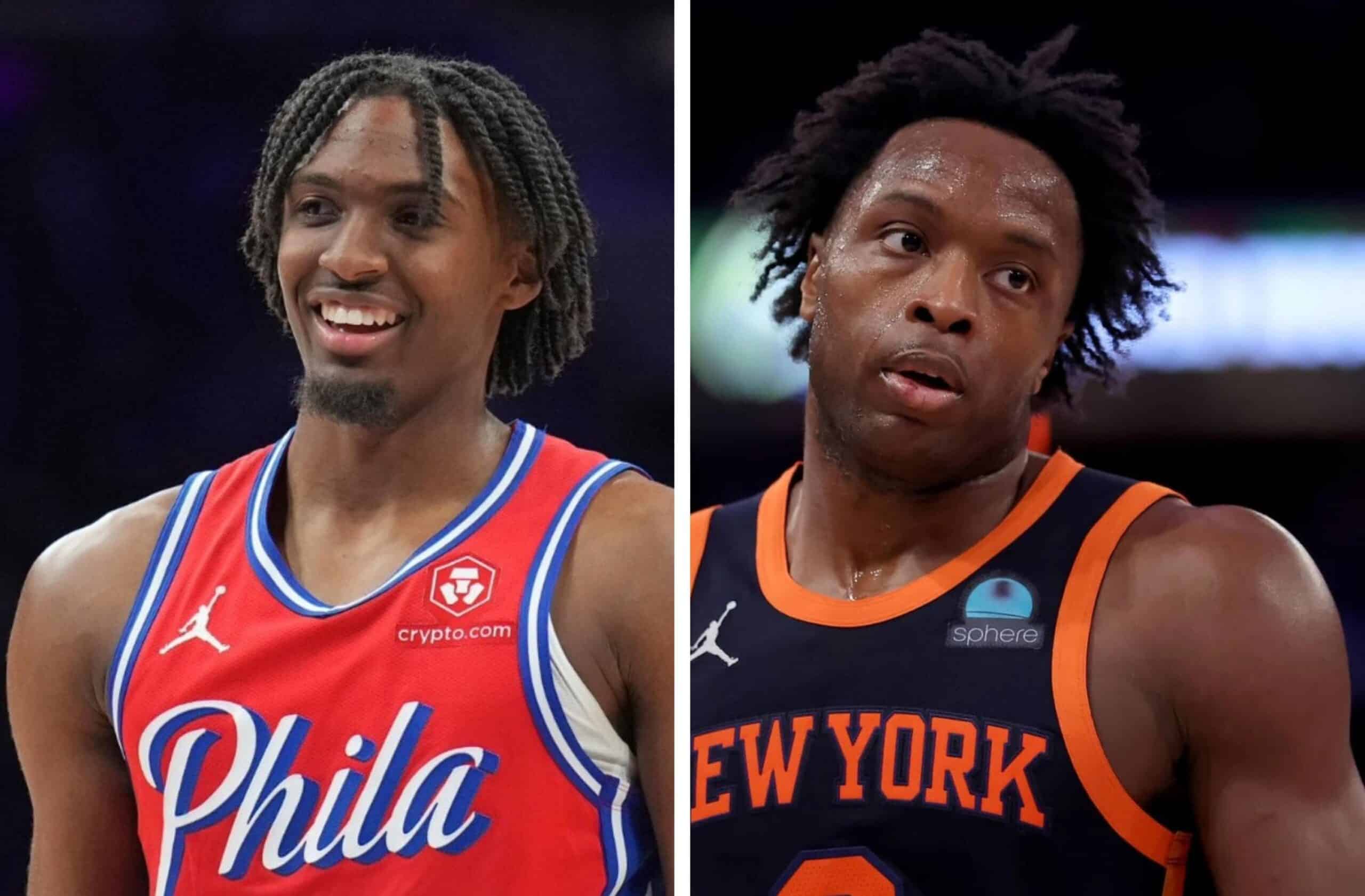 TYRESE MAXEY DE LOS SIXERS A LA IZQUIERDA Y OG ANUNOBY A LA DERECHA DE LOS KNICKS