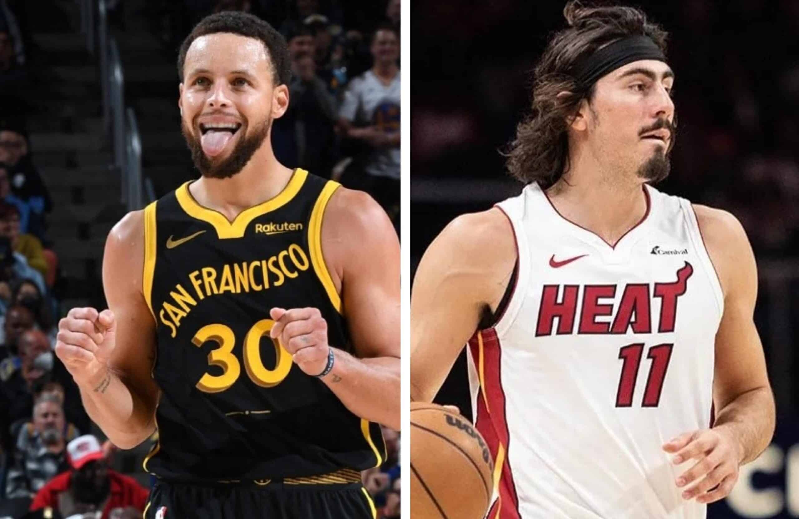 STEPHEN CURRY DE LOS WARRIORS A LA IZQUIERDA, Y JAIME JÁQUEZ JR A LA DERECHA DEL HEAT