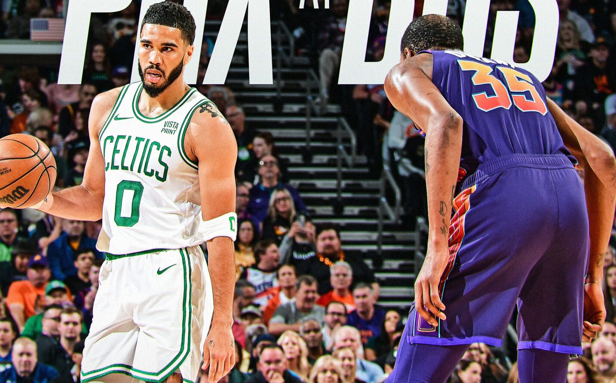 JAYSON TATUM DE LOS CELTICS DEFENDIDO POR KEVIN DURANT DE LOS SUNS
