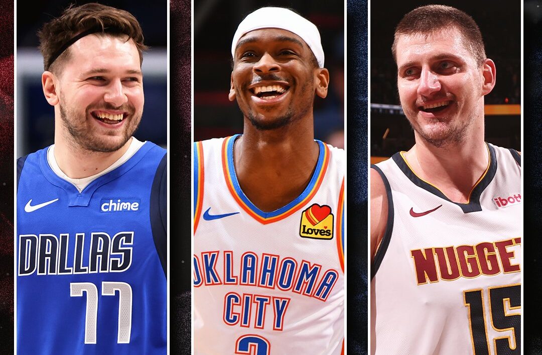 DE IZQUIERDA A DERECHA, LUKA DONCIC DE LOS MAVERICKS, SHAI GILGEOUS-ALEXANDER DEL THUNDER, Y NIKOLA JOKIC DE LOS NUGGETS