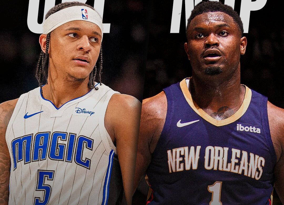 PAOLO BANCHERO DEL MAGIC A LA IZQUIERDA Y ZION WILLIAMSON DE LOS PELICANS A LA DERECHA