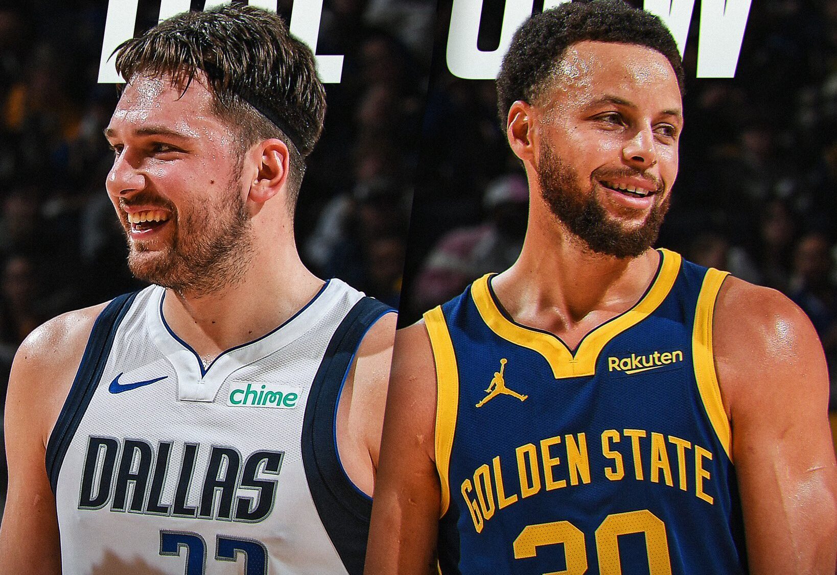 LUKA DONCIC DE LOS MAVERICKS A LA IZQUIERDA Y STEPHEN CURRY A LA DERECHA DE LOS WARRIORS