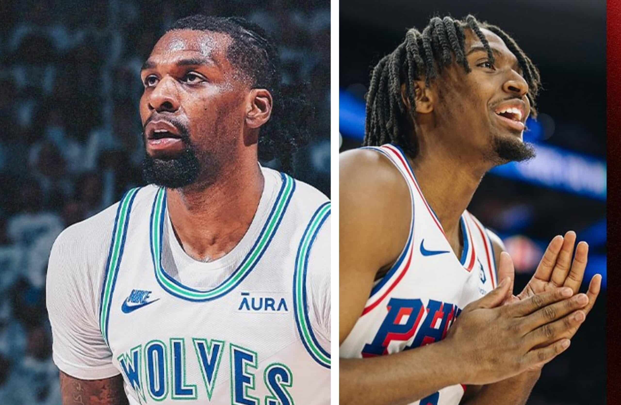 NAZ REID DE LOS TIMBERWOLVES A LA IZQUIERDA, Y TYRESE MAXEY A LA DERECHA DE LOS SIXERS