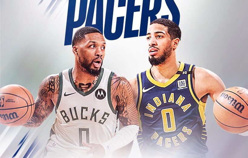DAMIAN LILLARD A LA IZQUIERDA DE LOS BUCKS Y A LA DERECHA TYRESE HALIBURTON DE LOS PACERS