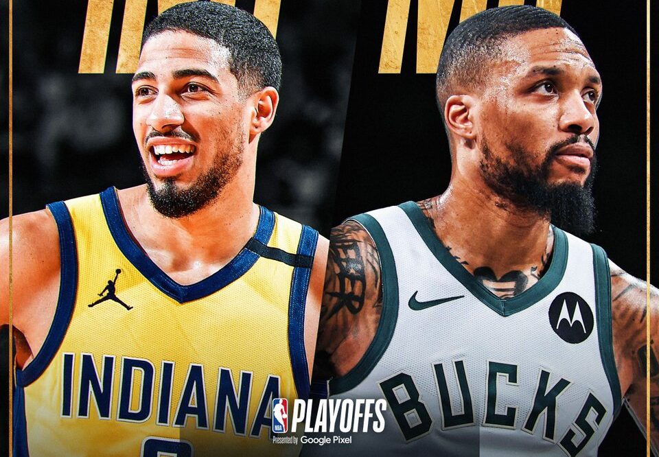 TYRESE HALIBURTON A LA IZQUIERDA Y DAMIAN LILLARD DE LOS BUCKS A LA DERECHA