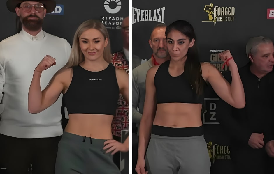 RHIANNON DIXO A LA IZQUIERDA Y KAREN CARABAJAL A LA DERECHA, POSAN PARA LA FOTO TRAS EL PESAJE