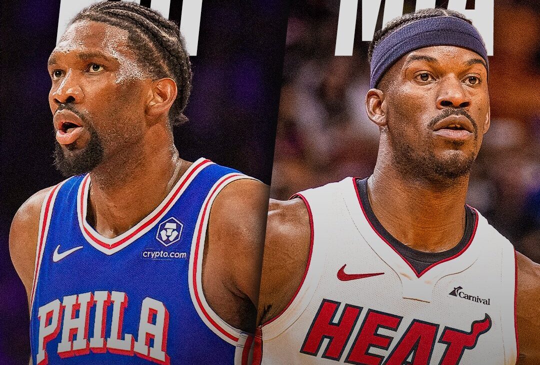 JOEL EMBIID DE LOS SIXERS A LA IZQUIERDA Y JIMMY BUTLER DEL HEAT A LA DERECHA