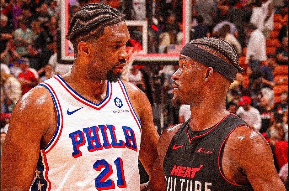 JOEL EMBIID DE LOS SIXERS A LA IZQUIERDA, Y JIMMY BUTLER DEL HEAT A LA DERECHA