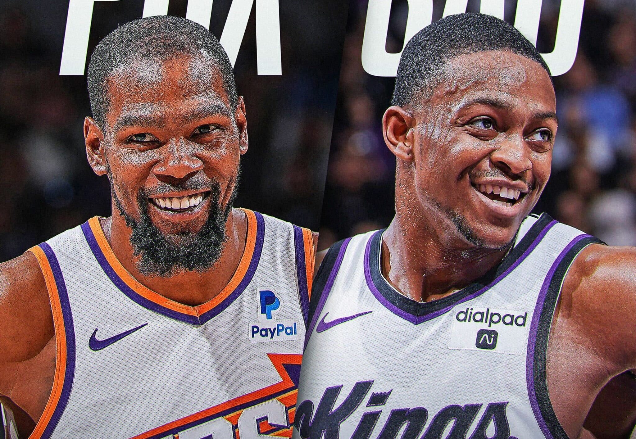 KEVIN DURANT DE LOS SUNS A LA IZQUIERDA Y DE'AARON FOX DE LOS KINGS A LA DERECHA