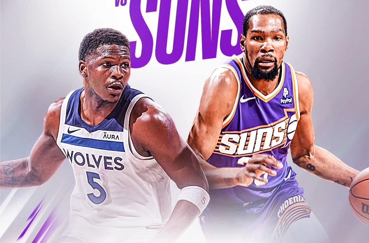 ANTHONY EDWARDS DE LOS TIMBERWOLVES A LA IZQUIERDA Y KEVIN DURANT DE LOS SUNS A LA DERECHA