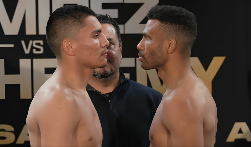VERGIL ORTIZ JR A LA IZQUIERDA Y THOMAS DULORME A LA DERECHA, CARA A CARA TRAS EL PESAJE
