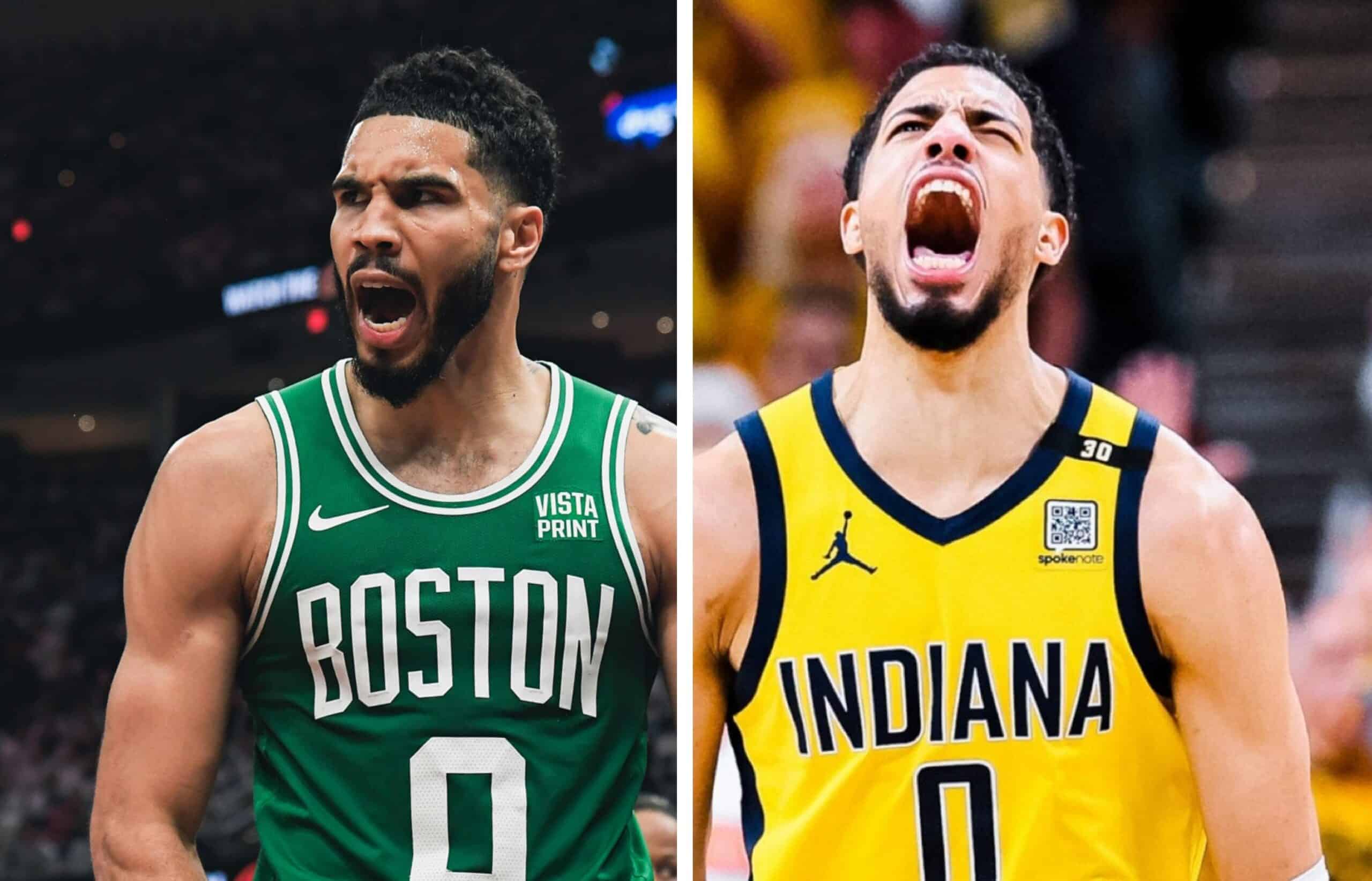 JAYSON TATUM DE LOS CELTICS A LA IZQUIERDA, Y TYRESE HALIBURTON DE LOS PACERS A LA DERECHA