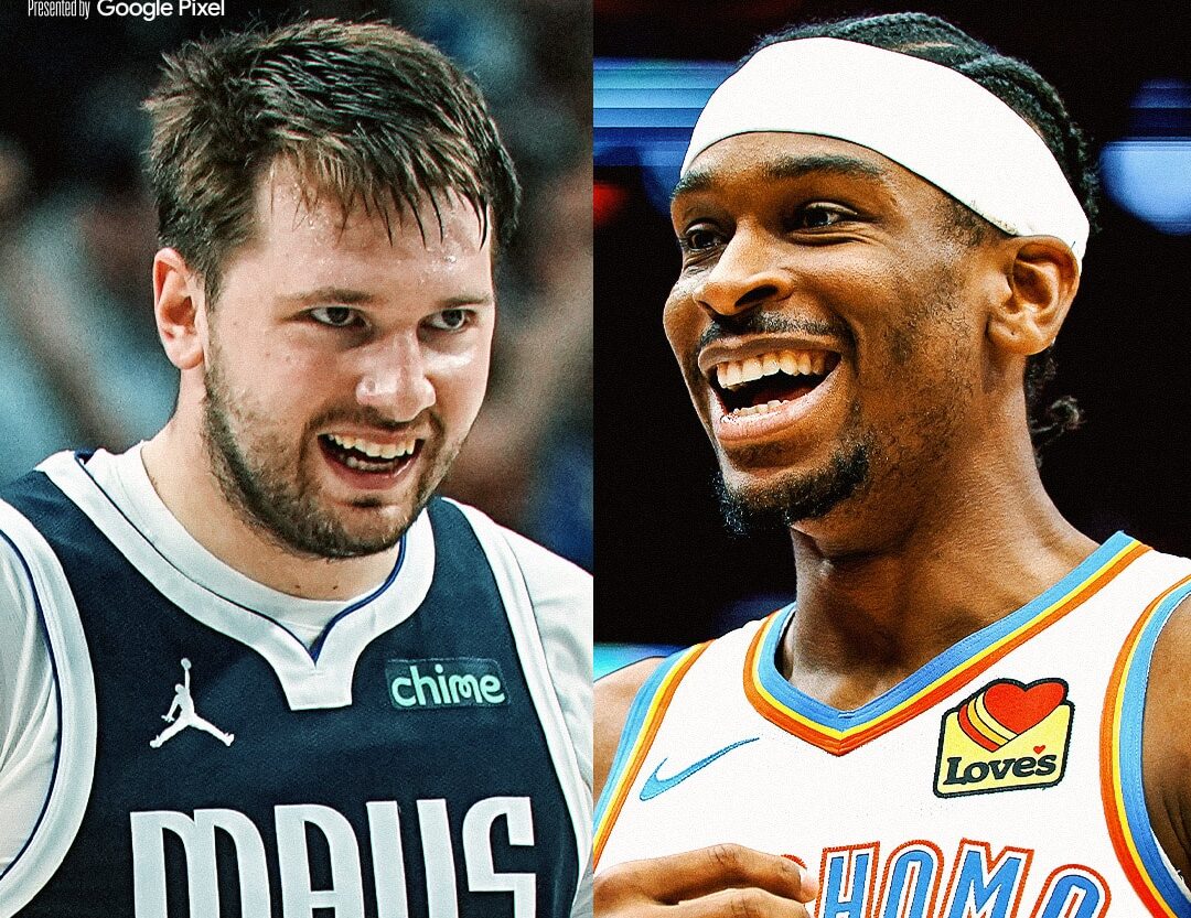 LUKA DONCIC DE LOS MAVERICKS A LA IZQUIERDA Y SHAI GILGEOUS-ALEXANDER DEL THUNDER A LA DERECHA