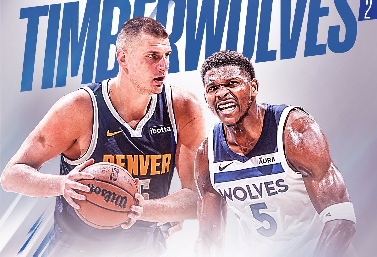 NIKOLA JOKIC DE LOS NUGGETS A LA DERECHA, Y ANTHONY EDWARDS DE LOS TIMBERWOLVES A LA DERECHA