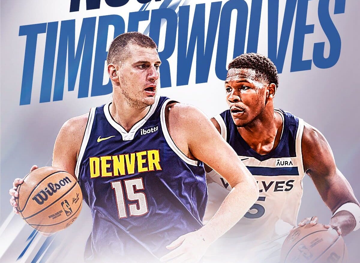 NIKOLA JOKIC A LA IZQUIERDA DE LOS NUGGETS Y ANTHONY EDWARDS A LA DERECHA DE LOS TIMBERWOLVES