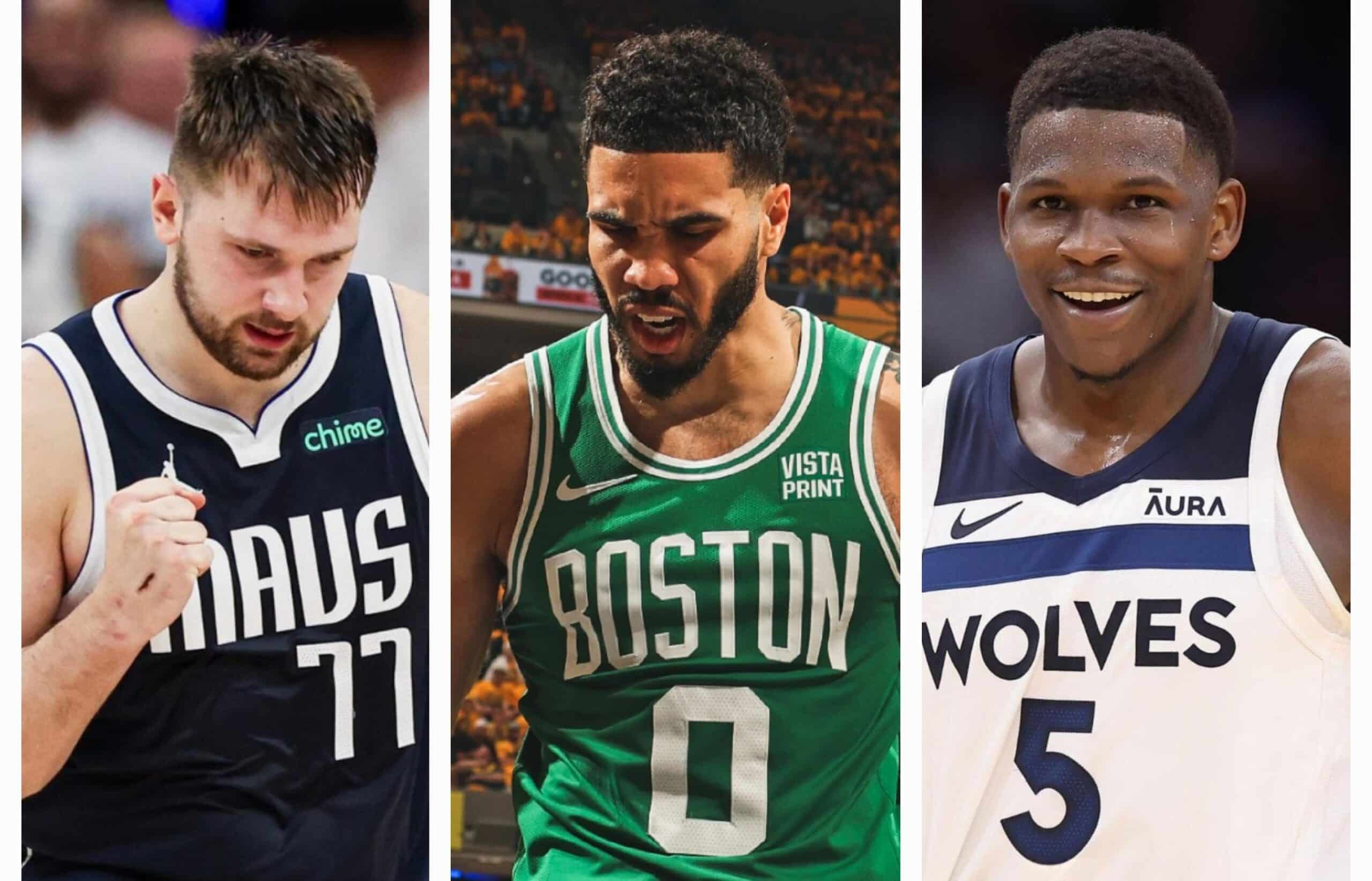LUKA DONCIC DE LOS MAVERICKS ALA IZQUIERDA, JAYSON TATUM DE LOS CELTICS AL CENTRO, Y ANTHONY EDWARDS DE LOS TIMBERWOLVES A LA DERECHA